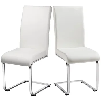 Модерни трапезни столове, трапезни столове с висока облегалка, кухненски столове от изкуствена кожа с метални крака, бял