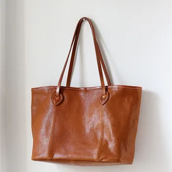Модни и ежедневни луксозна дамска чанта-тоут от естествена кожа с голям капацитет, чанта-тоут за един уикенд от естествена телешка кожа, пазарска чанта през рамо