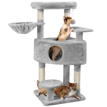 Мулти-плюшен котешка елха, кула за занимания на закрито с кошница, на етажната собственост за котенца, светло сиво