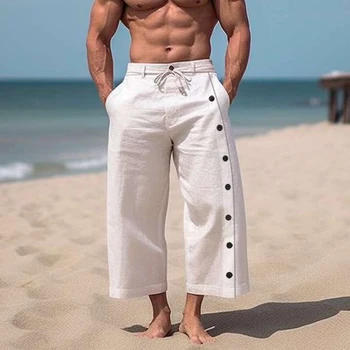 Мъжки ежедневни обикновена плажни панталони от памук и лен с няколко копчета, модни свободни панталони с висока талия, мъжки спортни панталони с джобове дантела прозорци