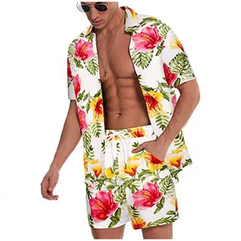 Мъжки ежедневни риза на европейския размер с принтом, костюм от 2 теми, лятна новост 2023, мъжки свободни хавайски плажни ризи с къс ръкав + шорти, мъжки комплекти