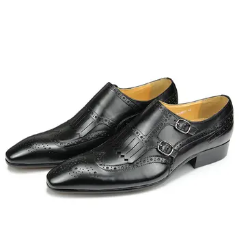 Мъжки кожени обувки, луксозни най-горния слой от телешка кожа, кожени обувки с остри пръсти, британски бизнес официални обувки за сватба, офис ежедневни обувки