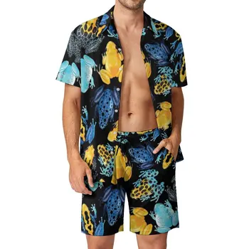 Мъжки комплекти Rainforest Жаба с разноцветни отровни жаби, ежедневни панталони, комплект плажна риза, Хавайски графичен костюм с къс ръкав, дрехи оверсайз