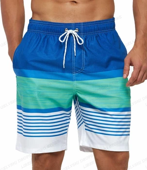 Мъжки къси панталони с окраската на ивици, бързо съхнещи шорти за плуване, ежедневни, плажни панталони, спортни панталони големи размери, тенденция мъжки дрехи