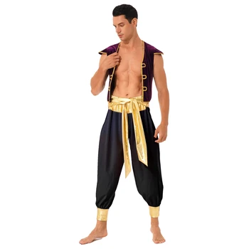 Мъжки лампа, арабски митичния кралят костюм, аниме, костюм за cosplay, жилетка с ръкави-кепкой, зреещи с колан панталон