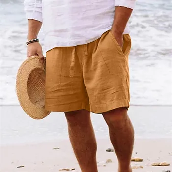 Мъжки летни къси панталони от памук и лен, дишащи ежедневни плажни панталони на експозиции