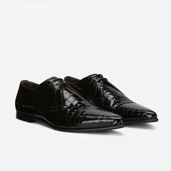 Мъжки модел обувки с остри шнур, щампи от змия на кожата, класически стил, официалната обувки от естествена кожа, кофейно-черна официална обувки 2023, новост