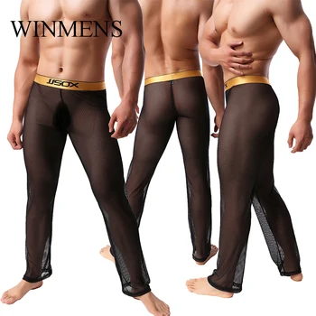 Мъжки окото пижамные панталони, летни дишащи прозрачни секси нощни панталони, еластична черна прозрачна дрехи за почивка, домашно облекло за сън
