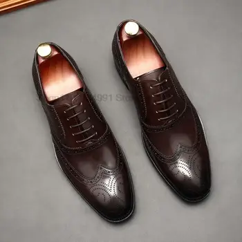 Мъжки официалната обувки от естествена кожа ръчно изработени, класически oxfords от естествена кожа, бизнес и сватбени модела обувки Юнеца на дантела-за мъже