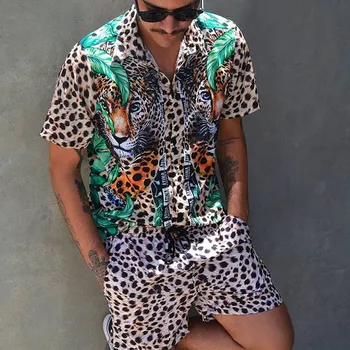 Мъжки хавайски комплекти, лятна риза с къс ръкав и копчета, с леопардовым принтом, плажни шорти, комплект от две части, случайни улични празничен мъжки костюм от 2 теми