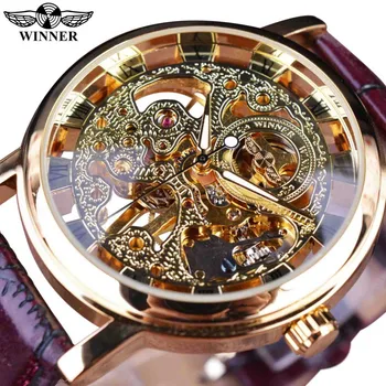 Най-добрата марка за луксозни механични часовници с виртуален скелет, победител 2020, прозрачен златен корпус, всекидневни дизайн, кафява кожена каишка мъжки часовник