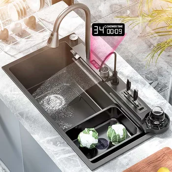 Нано кухненска мивка от неръждаема стомана 304, мивка с водопад, дигитален дисплей, голям един лък с мулти-сензорен водопад