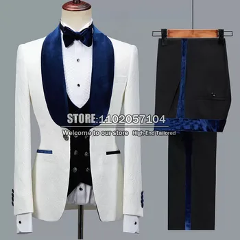 Направен по поръчка на сватбени костюми оборудвана бяло сако в цветенце + тъмно-синя кадифена жилетка Lael + панталони, комплект от 3 теми, официален мъжки блейзър Terno Masculino