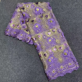 Нигерийская пайети тъкан перли дантела кърпа лилаво бродирани тъкани, тюл африкански дантела кърпа, за да си сватбена рокля 5 ярда