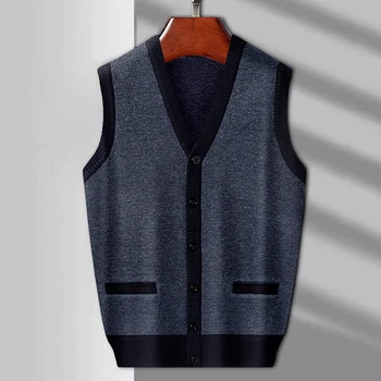 Нов есенен мъжка жилетка на бретелях, модерен вязаный пуловер за бизнес отдих, топла риза с V-образно деколте и джобове