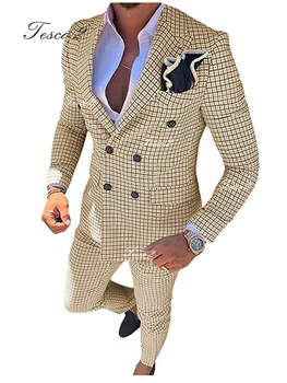 Нов мъжки костюм от кариран плат с ревера, монтиране комплект панталон, мъжки костюми за пролет-есен, мъжки костюм, луксозен сватбен комплект