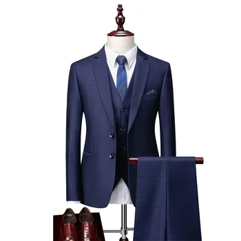 Нов (яке + жилетка + панталон мъжки бизнес ежедневния моден костюм в клетка от 3 теми, оборудвана професионален костюм