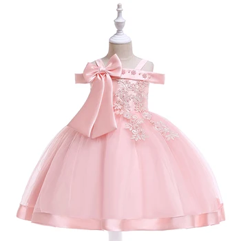 Нова рокля за момичета в европейския и американския стил с флорални лък, рокля на принцеса на спагети презрамки през едно рамо, бебешки дрехи за показване на подиума