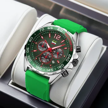 Нови зелени спортни кварцови часовници мъжки хронограф минута 24 часа, Календар и дата Водоустойчив дъвка подарък кутия за часовници