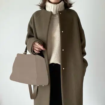 Нормално однобортное пряко дълго дамско палто с джобове, однотонная ежедневни офис бизнес висококачествени дамски дрехи