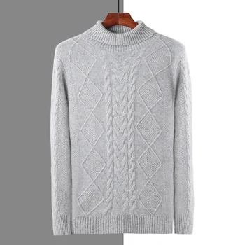 Обикновен пуловер от 100% кашмир с висока яка, приятна и луксозна блуза, есенно-зимен мъжки пуловер