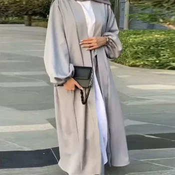 Отворено женствена рокля-абайя с джоб дантела, ближневосточное рокля, ислямска роба, монофонични турски кафтан, саудитски мюсюлмански прост халат и свободно рокля дантела
