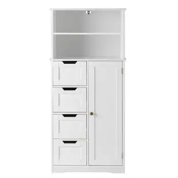 Открит шкаф за баня, многофункционален шкаф за съхранение с 4 чекмеджета, 1 гардероб и регулируеми рафтове за кухни, легла във всекидневната Открит шкаф за баня, многофункционален шкаф за съхранение с 4 чекмеджета, 1 гардероб и регулируеми рафтове за кухни, легла във всекидневната 0