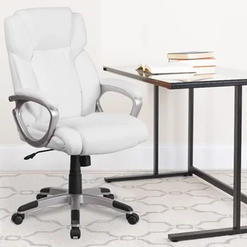 Офис стол за мениджъри със средна облегалка Flash Furniture от бяла мека кожа, завъртащо се Офис стол с Тапицирани Подлакътници