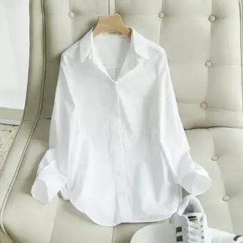 Памучен бяла риза, дамски есен базова корея модни дамски дрехи, свободна ежедневни ризата е със средна дължина, професионални дамски блузи за работа