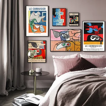Плакати и щампи Льо Корбюзие, абстрактен изложба плакат, стенно изкуство, линия, лице, картина върху платно за домашен декор на стаята