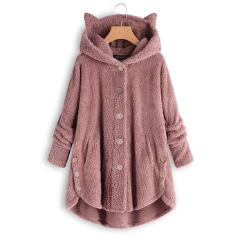 Плюс размери, дамски руното яке 4xl 5xl, свободно ежедневното палто копчета, дамски есенно-зимно яке 2019 с качулка, плюшевое палто Kawaii за момичета