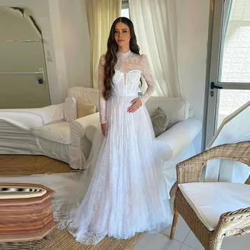 Прекрасни сватбени рокли с пълна дантела трапецовидна форма 2023, арабски сватбени рокли с високо воротом и буйни ръкав, тюл гънка, Дубай, Vestido De Casamento