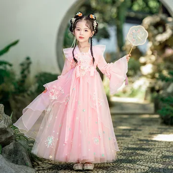 Принцеса рокля с Розови пайети, Расшитое Мъниста, Hanfu, Пролетен Костюм на Принцеса За Момичета, Страхотна Рокля С Аппликацией Дрехи в Китайски Стил