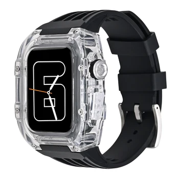 Прозрачен Комплект Модификация на Apple Watch Band Case 8 7 45 mm 6 5 4 3 44 мм Прозрачен Калъф с Гумена Каишка за iWatch 6 5 4 SE
