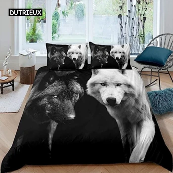 Пухени Черен, бял, с участието на животното Вълк, 3D комплект спално бельо за възрастни и деца, украса за спални, одеяло от мек микрофибър в екзотичен стил