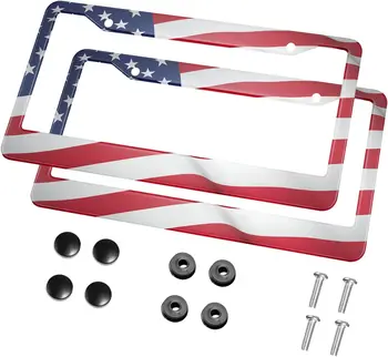 Рамка за регистрационен номер с националния флаг на САЩ, 2 опаковки, кола за регистрационен номер с 2 дупки, рамка за автомобилната тагове за жени и мъже, превозни средства на САЩ