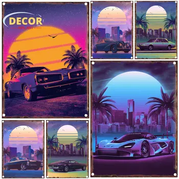 Ретро автомобил Sunset, метална лидице знак за градските улици, високи сгради, летни почивки, живопис, художественото оформление на бара, естетика