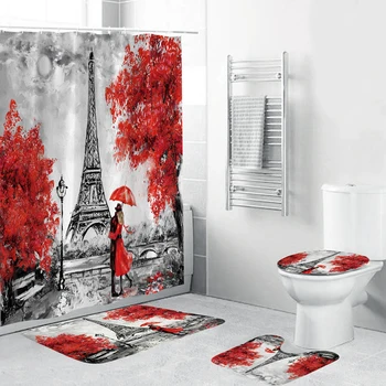 Ретро Парижката кула Принт завеса за душ и вана и аксесоари за баня Комплект от 4 теми висококачествен Мек мат за тоалетна Подложка за домашен декор