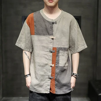 Риза с бродерия мастило в китайски стил, обтегач, тениска с къс ръкав, мъжки лятна традиционни дрехи, национален случайни ретро-топ Hanfu