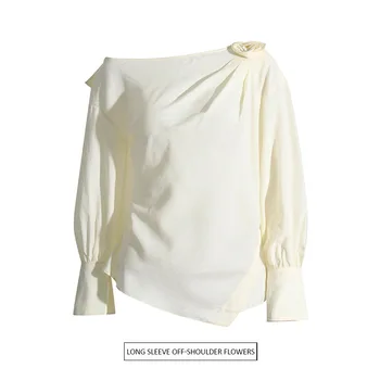 Риза свободно намаляване с открити рамене и дълъг ръкав в стереоскопичен цвете Дамски Новата модерна обзавеждане по однотонная на горно облекло с ламперия Пролетно връхни дрехи