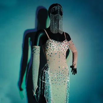 Рокля с бриллиантовыми четки, ръкавици, сексуална предварително рокля на спагети презрамки за бала, танцов костюм Гого, жената, чието сценично облекло Dj Ds Rave XS6027