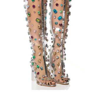 Сандали от Прозрачно PVC с отворени Пръсти и Кристали, Обикновен Дамски Летни Ботуши на Висок Масивна Ток със страничен цип, Модни Обувки Zapatillas Mujer