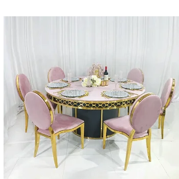 сватбени аксесоари хотелска мебел маса за хранене, комплект за дейности на основата на златни стъклени маси от неръждаема стомана кръг