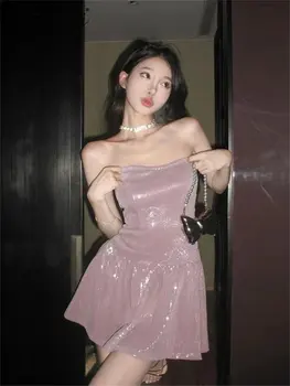 Секси рокля с отворено деколте и мирис на гърдите 2023, Пролетно-Лятно Нова Рокля в Корейски стил, с Висока Талия, Лилава къса Рокля В...
