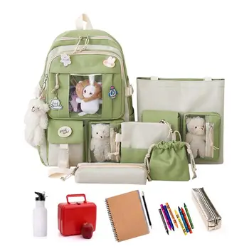 Скъпа раница в стил Kawai за училище, 5 бр./компл., платно училище раница, женски раница с чанта на рамо, чанти, моливи, чанта-тоут, шнур