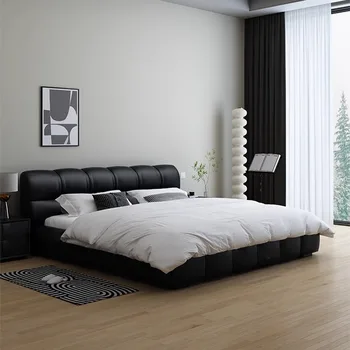 Слоеная легло Сметана стил Лесна луксозна модерна тъкан 2023 Нова малък апартамент Начало на стая Двойна черна кожа Напа 