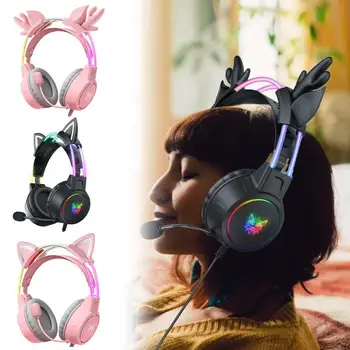 Слот слушалки за PC, детска слушалки съраунд звук RGB, жични слушалки за геймъри с микрофон с шумопотискане, компютърни сладки слушалки