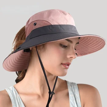Слънчеви шапки за жени, лятна шапка с широка периферия, защита от ултравиолетови лъчи, опашка, градинска шапка за риболов, пешеходен туризъм за жени 2023