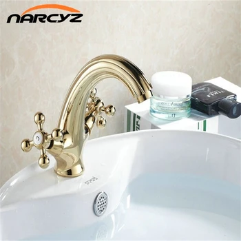 Смесител за баня със златен двоен напречен дръжка, смесител за мивка, смесител на една дупка, полиран смесител за мивка TapG1014