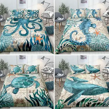 Спално бельо с морска костенурка, определени пододеяльников за пуховых одеяла, тюркоаз средиземноморски стил, дизайн в морската тема, комплекти спално бельо с океана, размер Queen King Twin